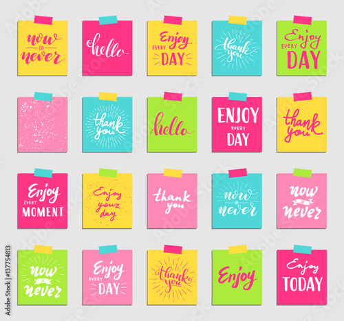 Lettering for greeting card and sticker. Thank you, Enjoy every moment, Hello, Now or never.