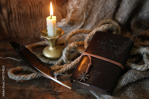retro book candle and feather