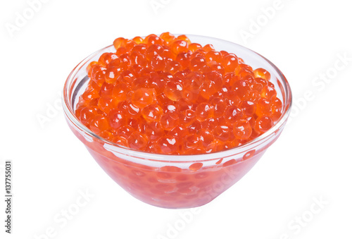 red caviar in the glass on white background