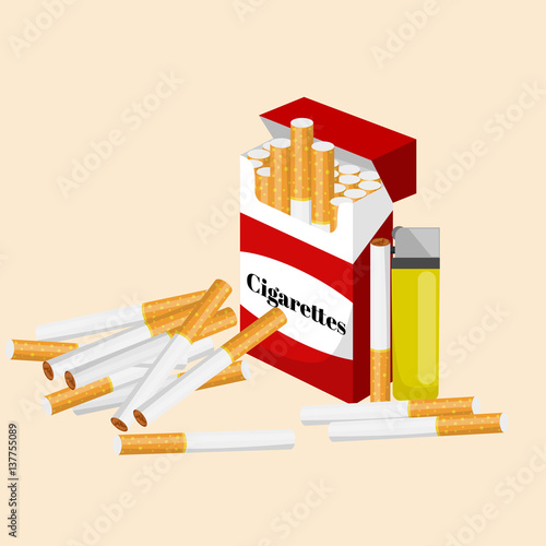 smoking tobacco cigarette with filter in red box and lighter vector illustration