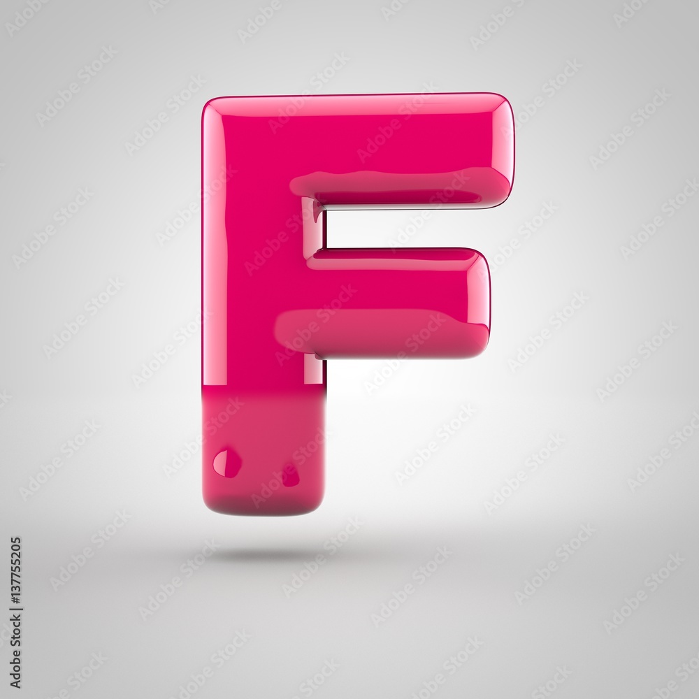 Glossy pink paint letter F uppercase. 3D render of bubble font with glint isolated on white background. Glossy pink paint letter F uppercase. 3D render of bubble font with glint isolated on white background.