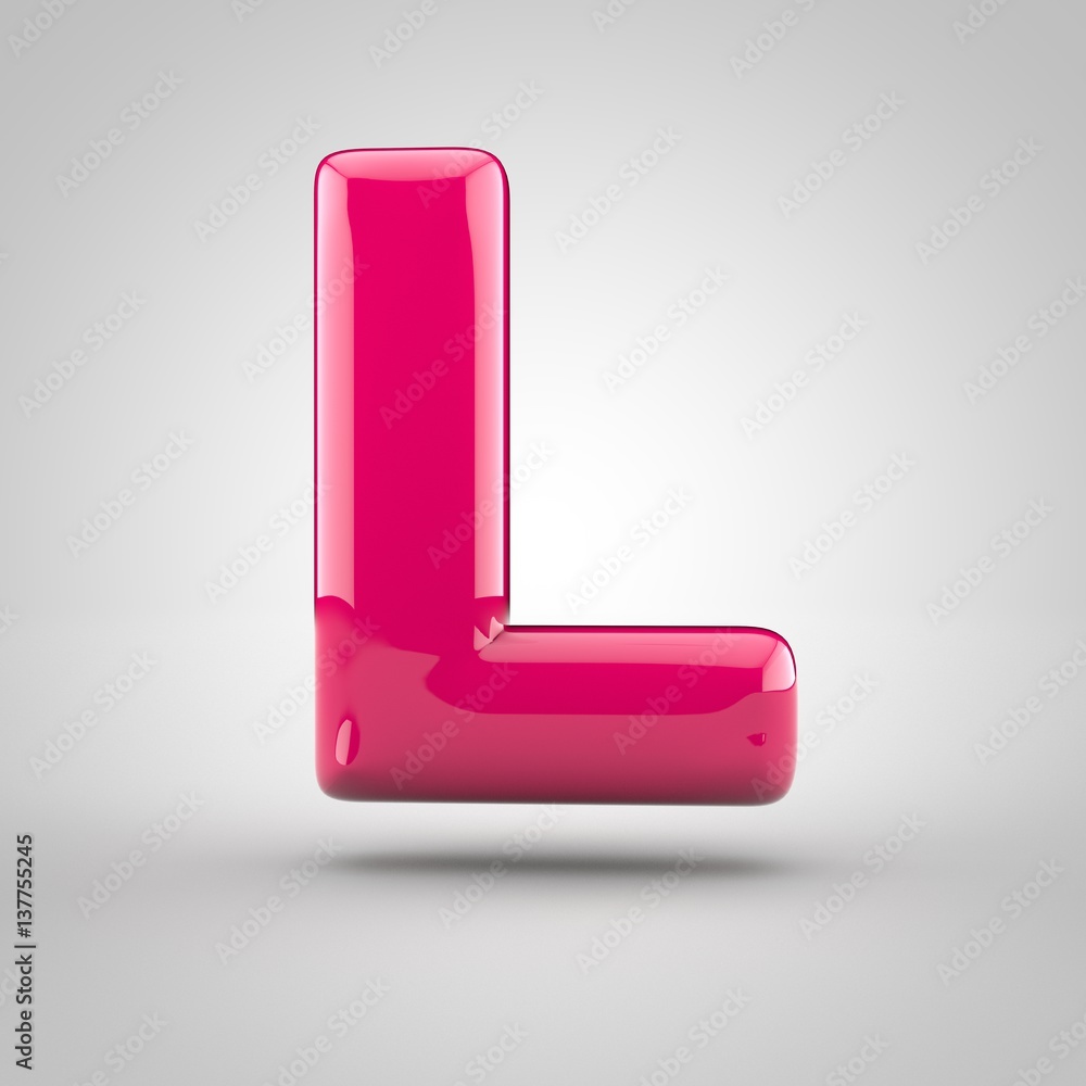 Glossy pink paint letter L uppercase. 3D render of bubble font with