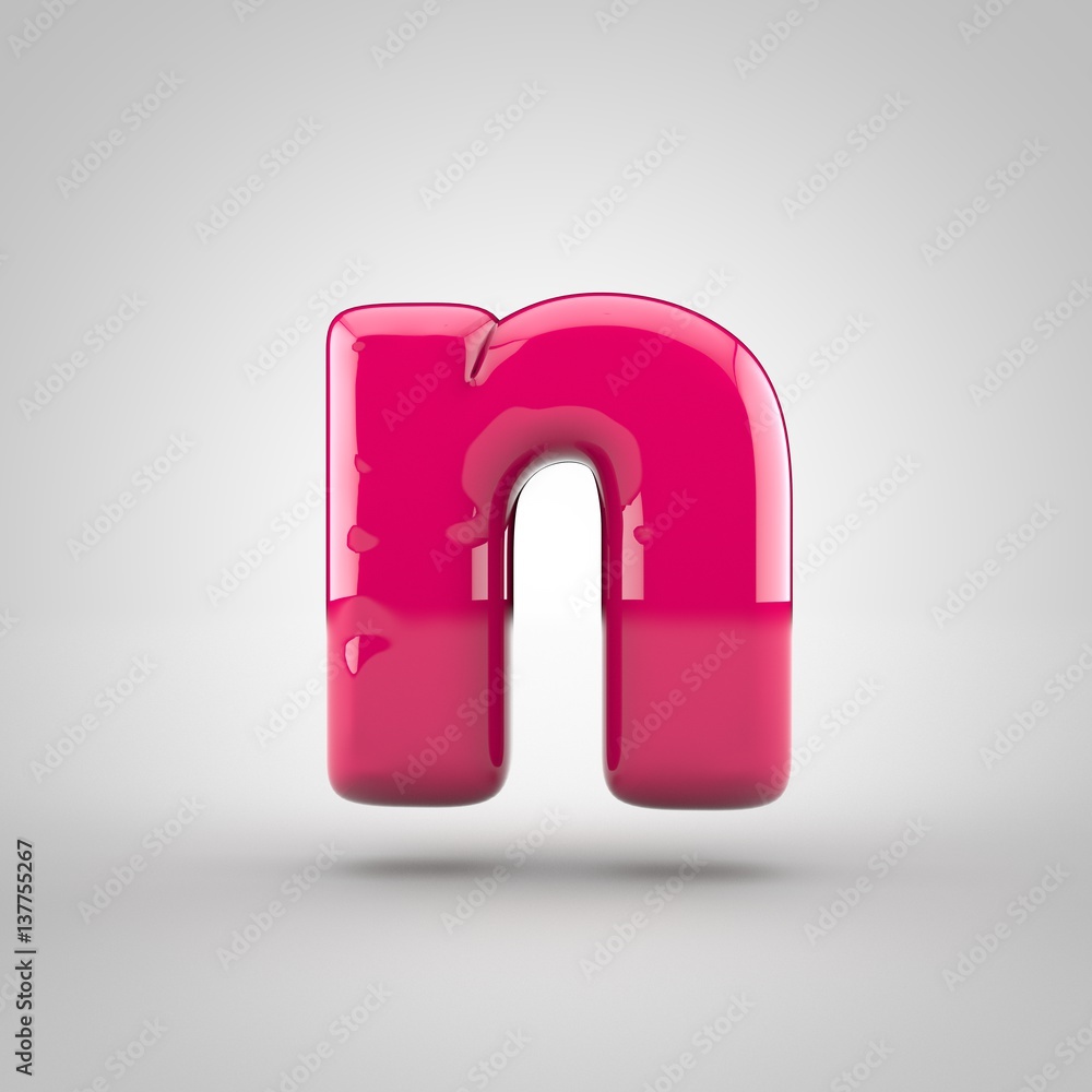 Glossy pink paint letter N lowercase. 3D render of bubble font with glint isolated on white background. Glossy pink paint letter N lowercase. 3D render of bubble font with glint isolated on white background.
