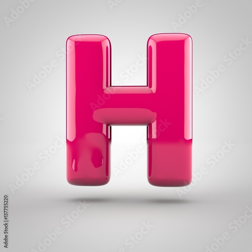 Glossy pink paint letter H uppercase. 3D render of bubble font with glint isolated on white background.