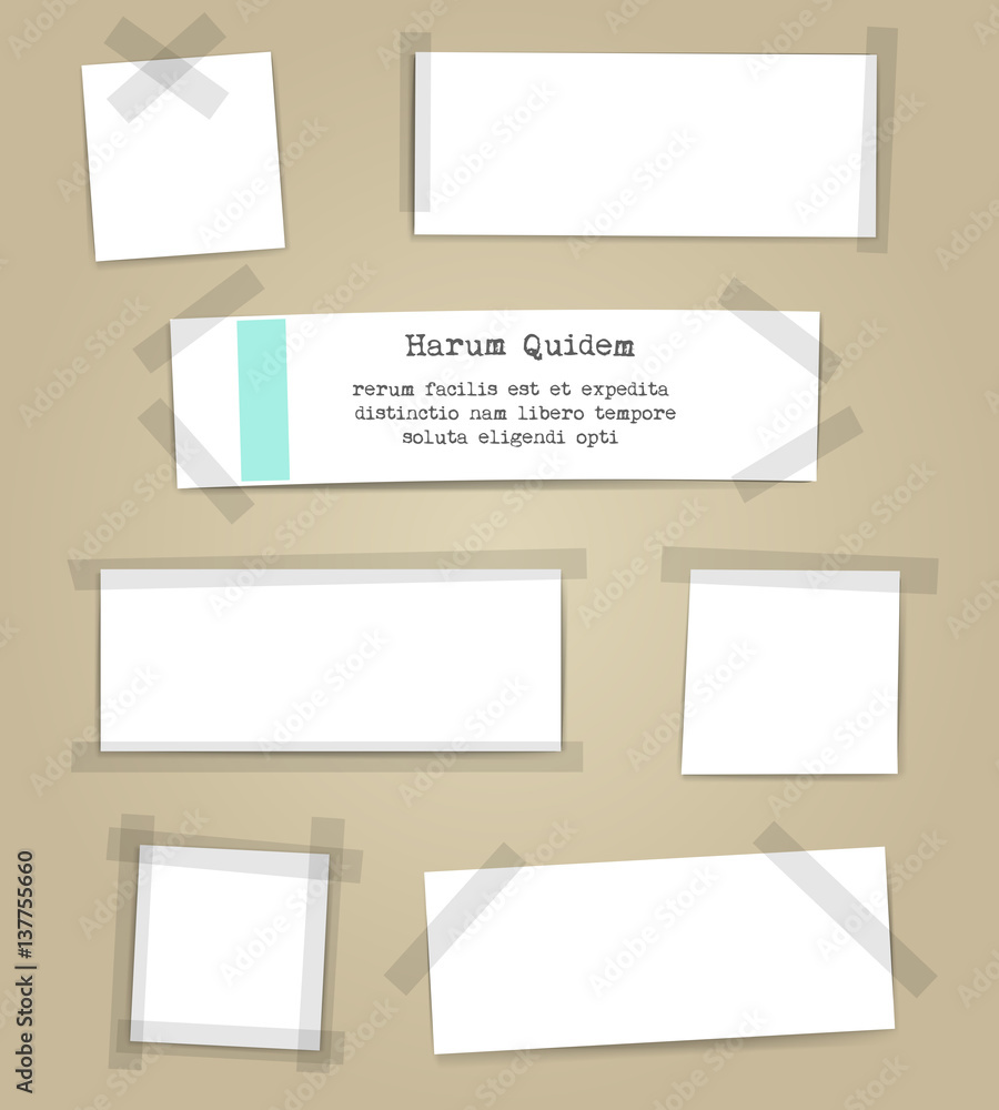 Vector paper sheets with scotch tape pieces. Papers notes with adhesive