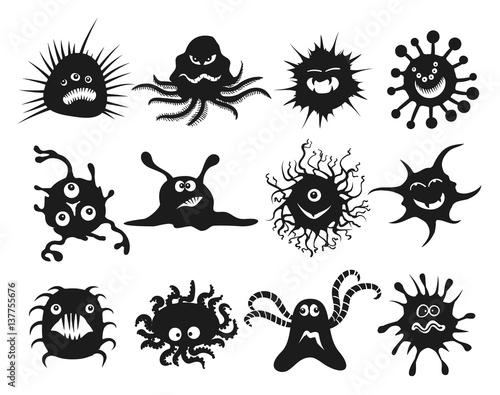 Cartoon virus black icons. Cell viruses  bacillus and bacteria set like flu and cancer vector illustration