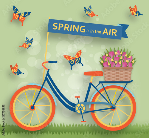 Cute background with bike in paper art style. Vector illustration.