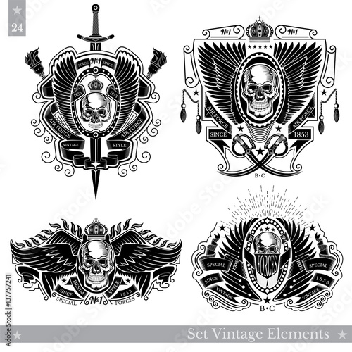 skull front view between wings and diferent element around. Set of vintage banners on white
