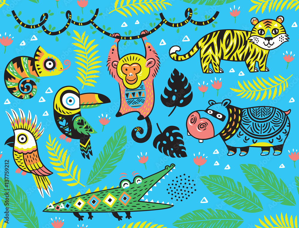 Fototapeta premium Seamless pattern with tropical animals