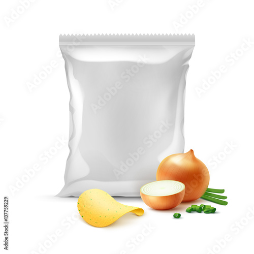 Vector Potato Crispy Chips with Onion and Vertical Sealed Empty Plastic Foil Bag for Package Design Close up Isolated on White Background