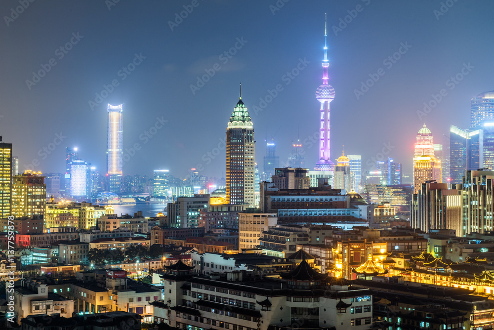 Shanghai business district at night,building group of China.