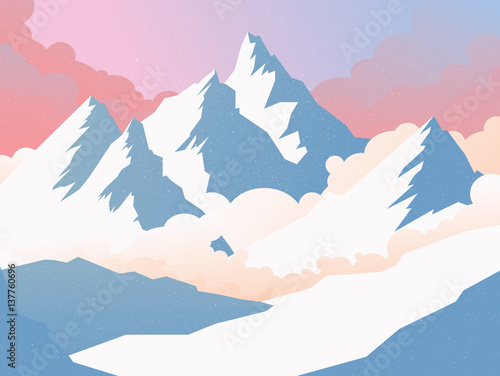 Winter Mountain Landscape Card With Clouds. Vector Illustration