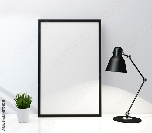 Frame poster and lamp mockup on tabel 3d rendering
