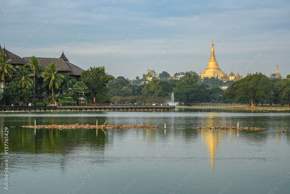 Shwedagon pagoda from kandawgyi lake, Yangon, Myanmar