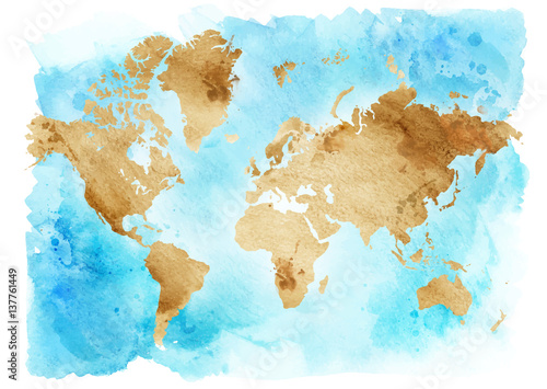 Vintage map of the world on a blue background. Watercolor illustration.