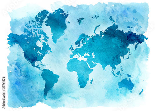 Vintage map of the world on a blue background. Watercolor illustration.