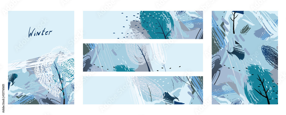 Naklejka premium Set of artistic creative five season cards with hand drawn shapes and painted elements on the light background. Modern unusual freehand winter abstraction.