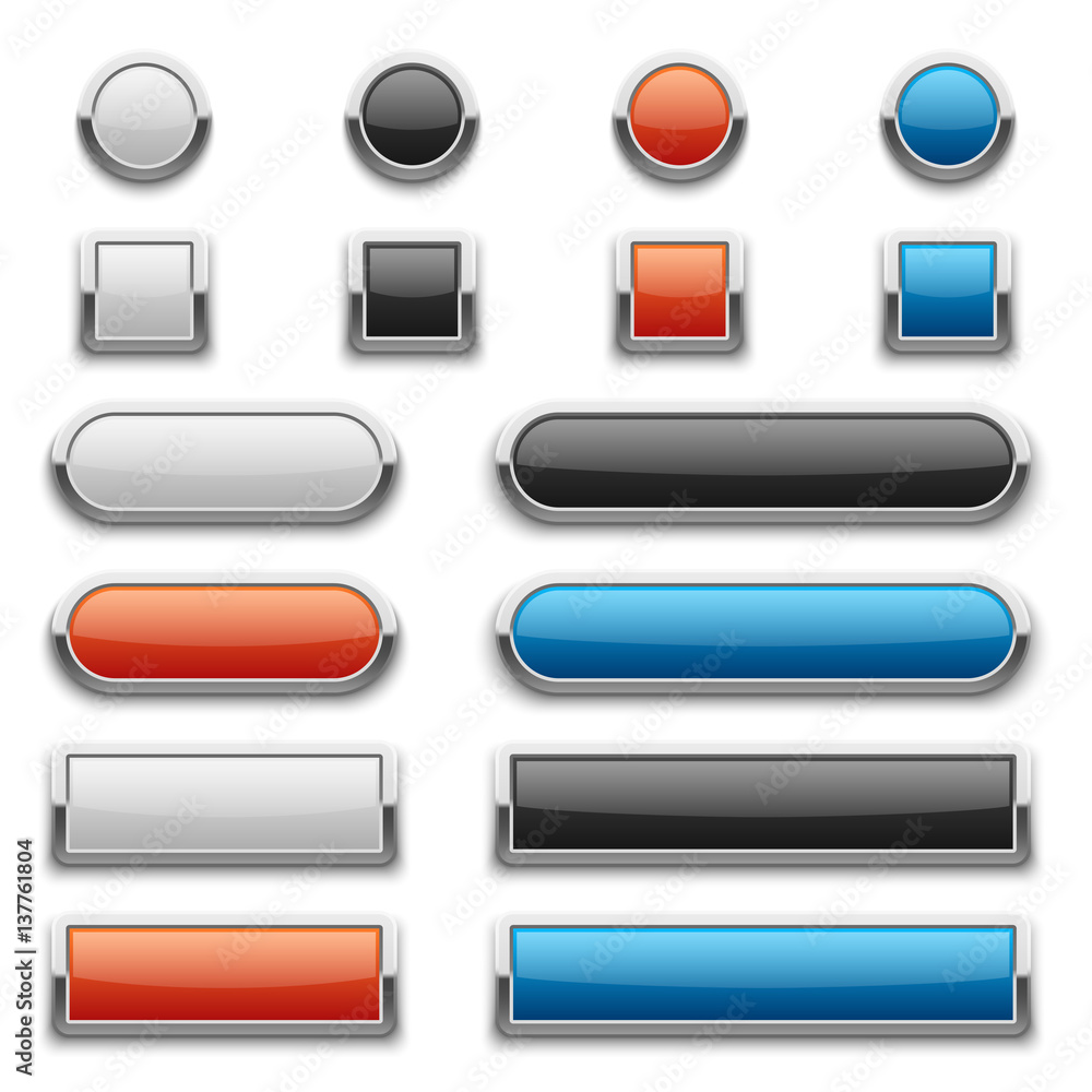 Vector red, blue, black and white glossy buttons with shiny metal frame Vector red, blue, black and white glossy buttons with shiny metal frame