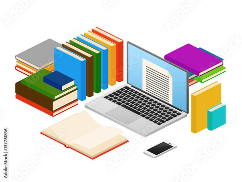 Online education, web e-book shop, library vector isometric concept
