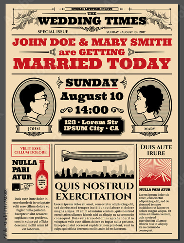 Vintage newspaper front page, wedding invitation vector layout