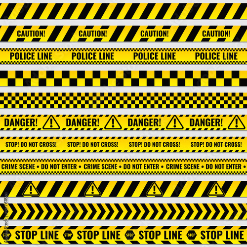 Black and yellow police stripe border, construction, danger caution seamless tapes vector set © MicroOne