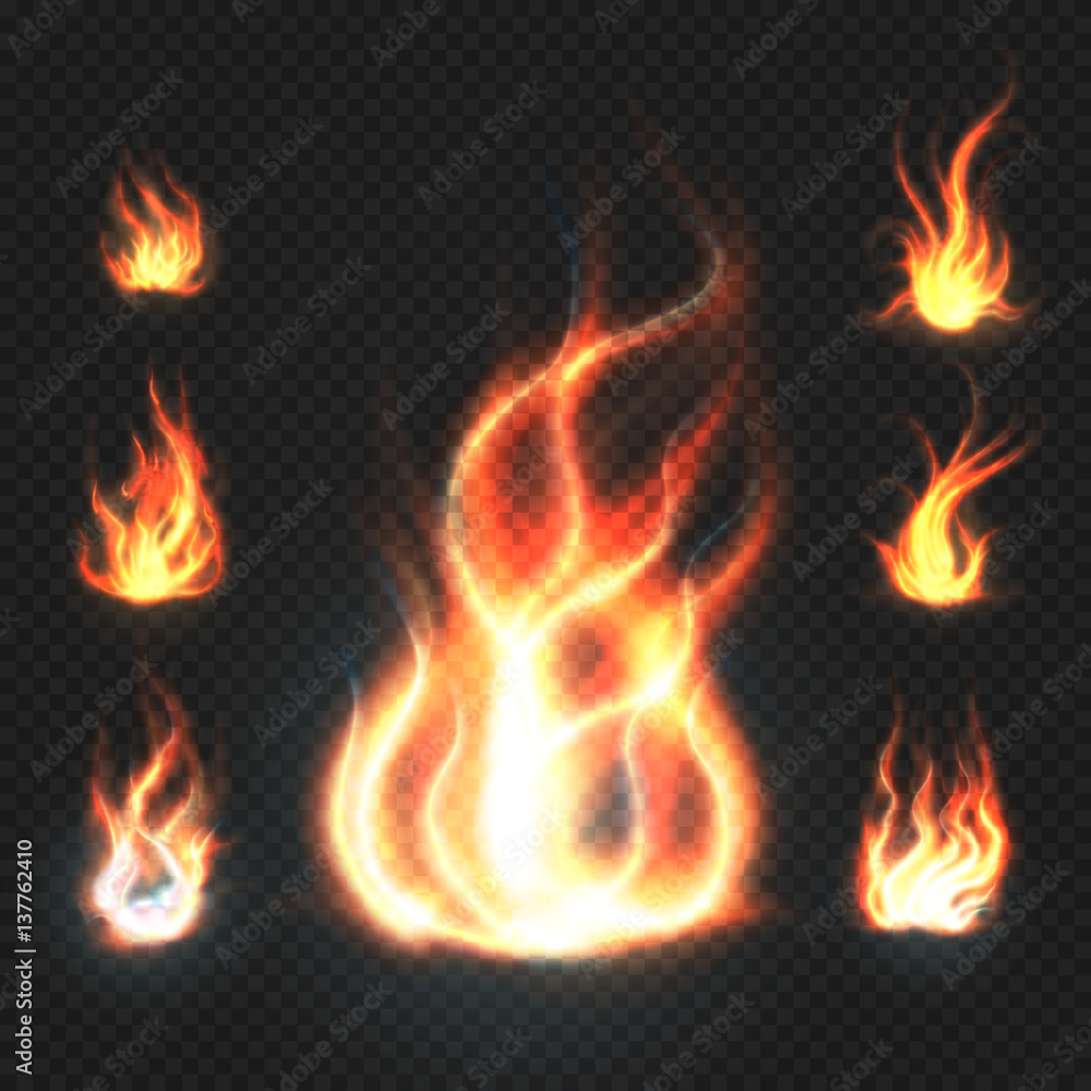 Realistic orange and red fire flames, fireballs isolated on transparent background vector illustration Realistic orange and red fire flames, fireballs isolated on transparent background vector illustration