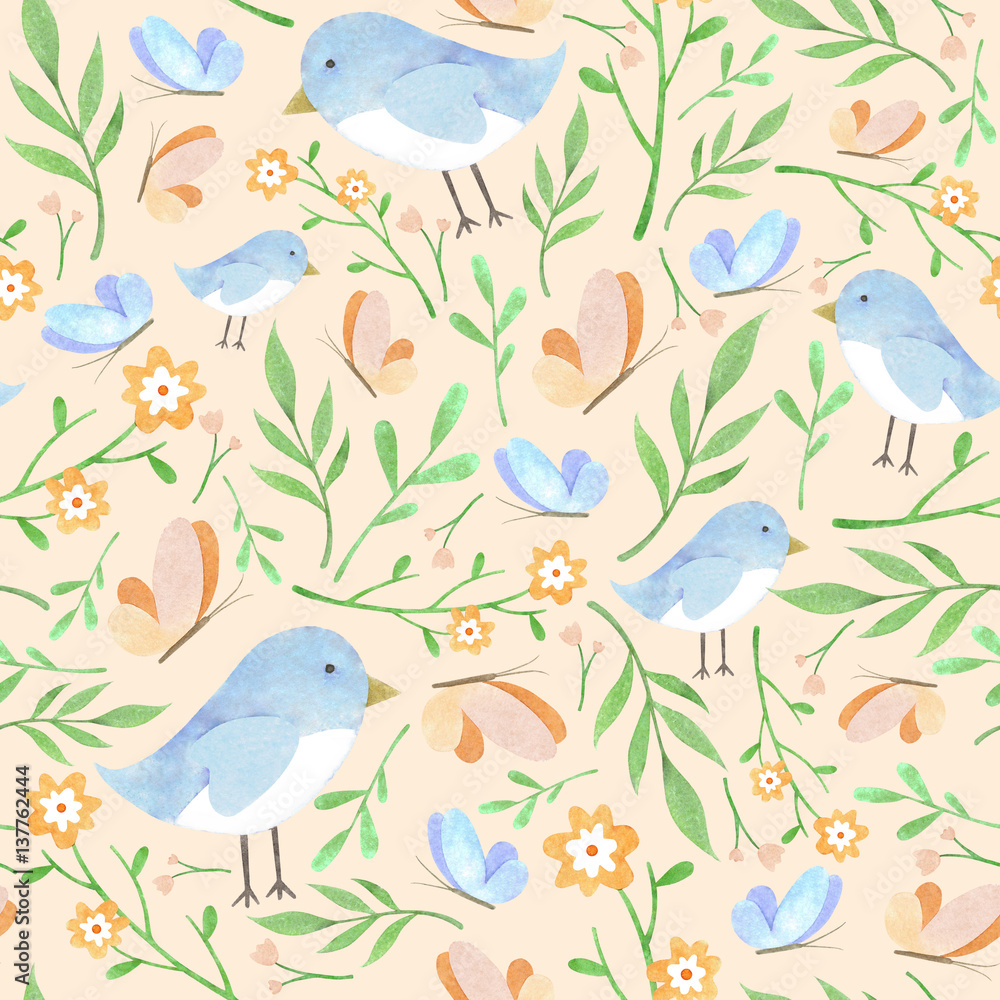 Watercolor floral pattern with blue birdies yellow butterflies and green leaves on peach background