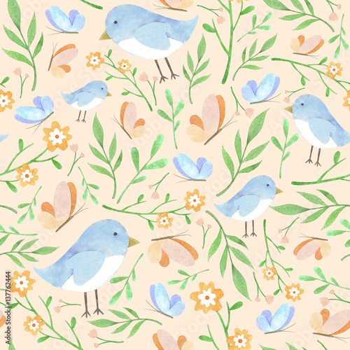 Watercolor floral pattern with blue birdies yellow butterflies and green leaves on peach background