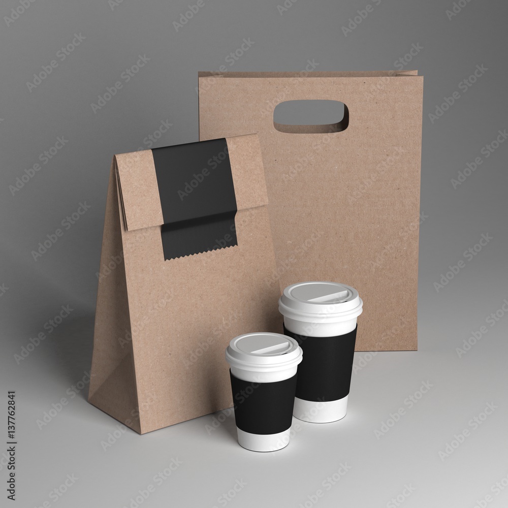 Paper cup and paper bag mockup, 3D rendering illustration Stock ...
