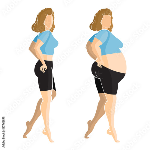 Flat illustration. Slender and fat girls near in profile isolated on white