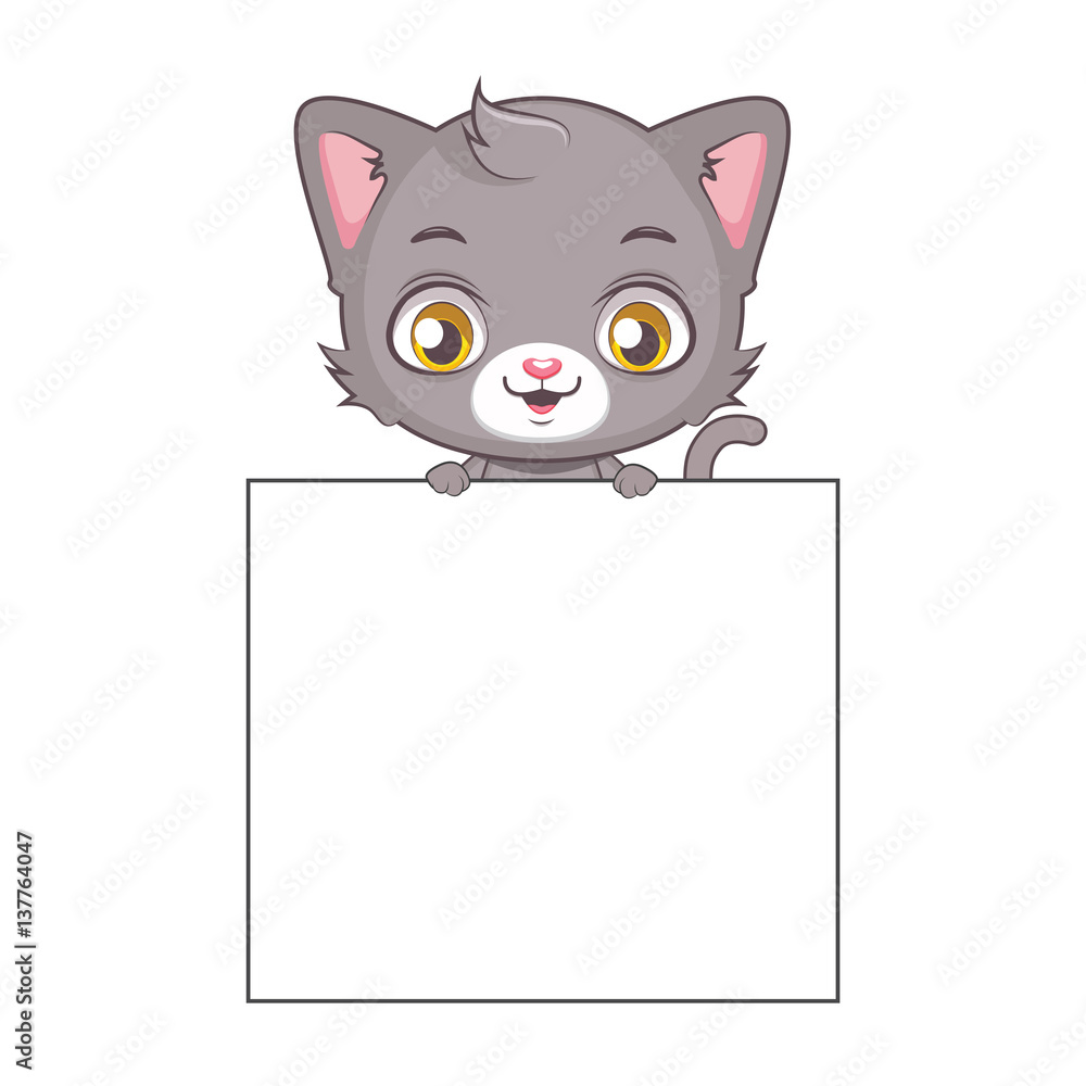 Cute gray cat character holding a big blank paper Stock Vector Adobe