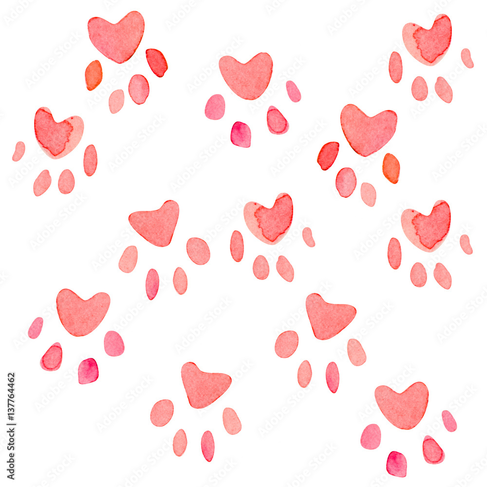 Seamless heart paws traces pattern, watercolor with clipping mask technique