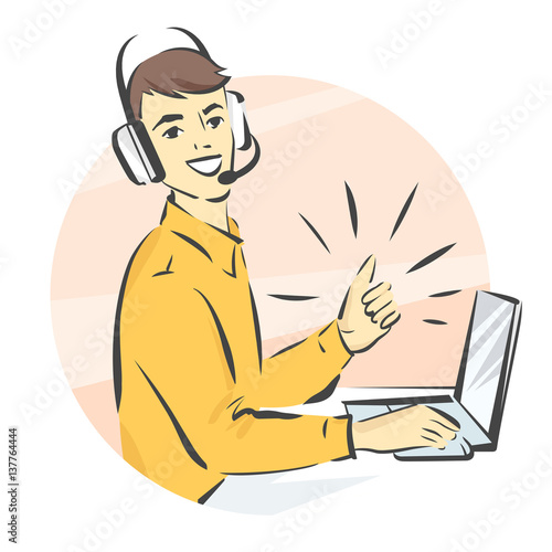 Call center support, vector illustration, man in handsfree headphones working on laptop and showing thumb up