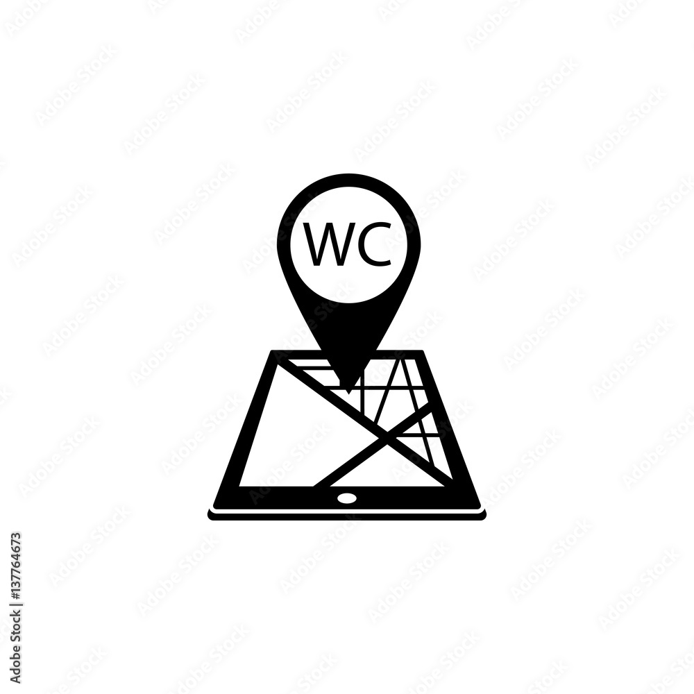 WC toilet map pointer solid icon, mobile gps navigation and location, restroom pin on tablet vector graphics, a filled pattern on a white background, eps 10. WC toilet map pointer solid icon, mobile gps navigation and location, restroom pin on tablet vector graphics, a filled pattern on a white background, eps 10.