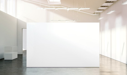 Blank white wall mockup in sunny modern empty gallery, 3d rendering. Clear big stand mock up in museum with contemporary art exhibitions. Large hall interior with wide banner exposition template.