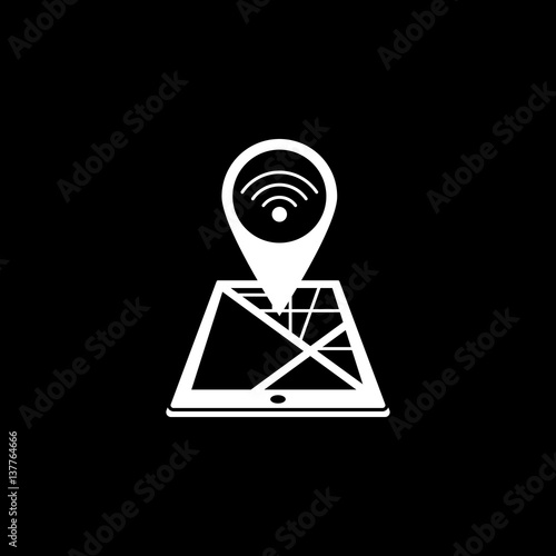Wi-fi zone map pointer solid icon, mobile gps navigation and location, pin on tablet vector graphics, a filled pattern on a black background, eps 10.