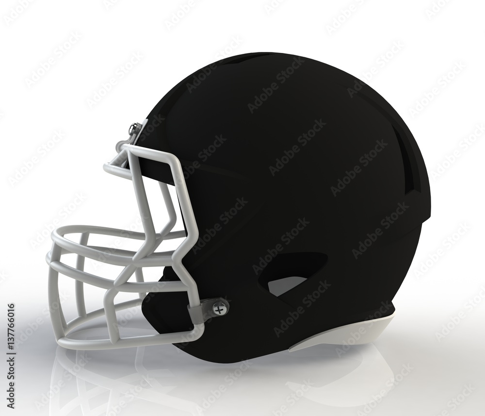 Black american football helmet side view on a white background with detailed clipping path, 3D rendering Black american football helmet side view on a white background with detailed clipping path, 3D rendering