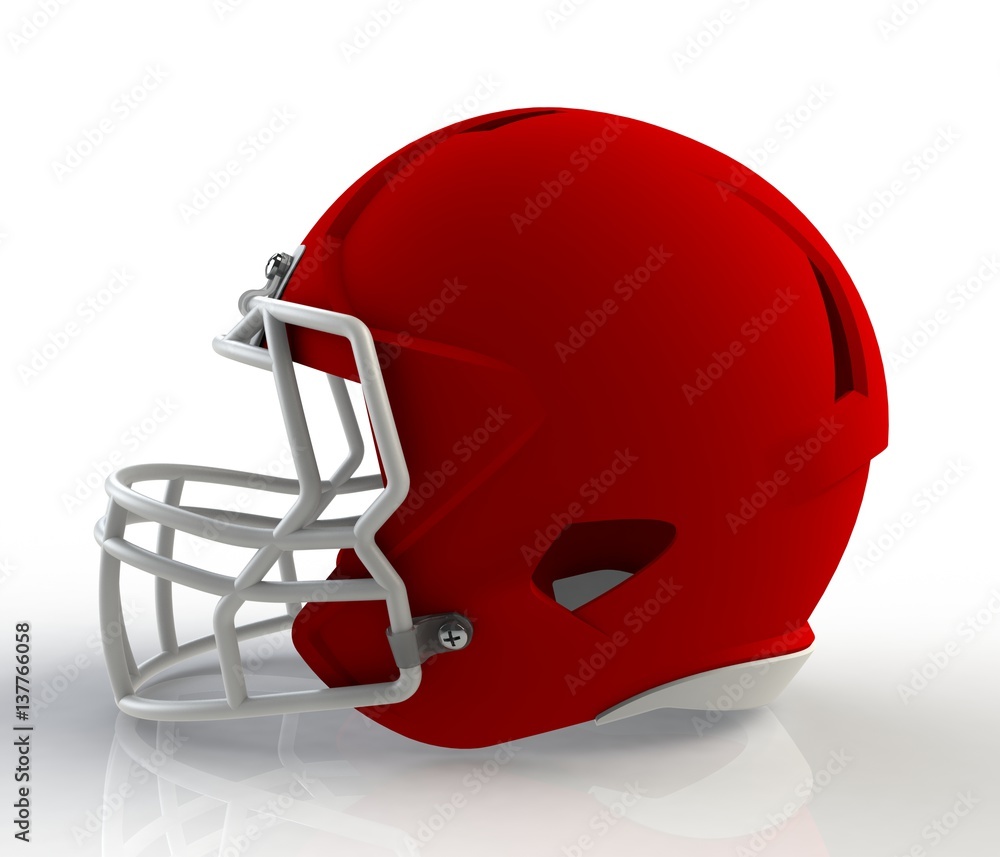 Fototapeta premium Red american football helmet side view on a white background with detailed clipping path, 3D rendering