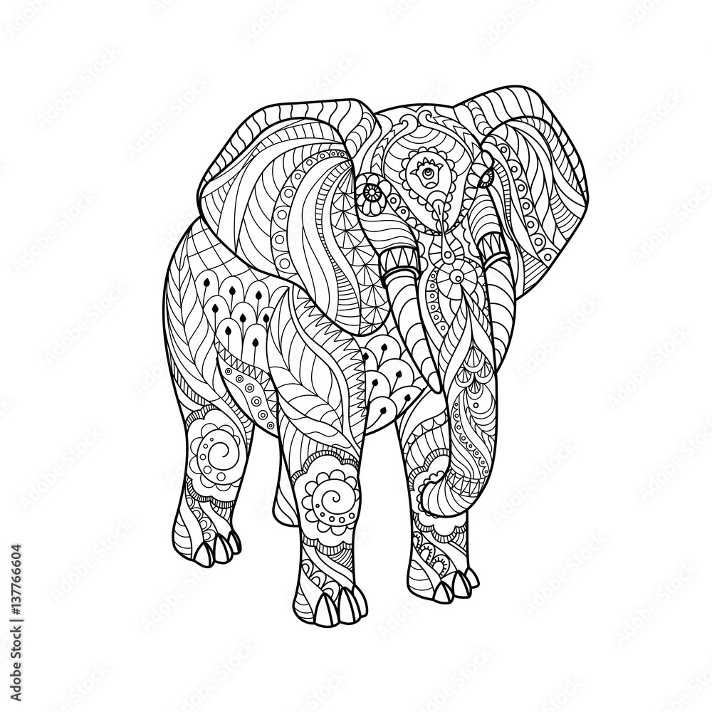Obraz premium Elephant on white background. Black and white lines. Freehand sketch for adult anti stress coloring book page with doodle and zentangle elements.