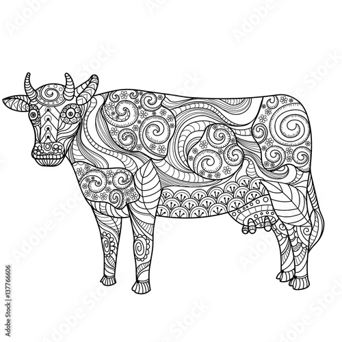 Cow on white background. Farm animal. Black and white lines. Freehand sketch for adult anti stress coloring book page with doodle and zentangle elements.