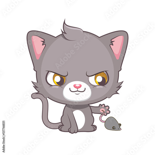 Cute gray cat character about to catch a mouse