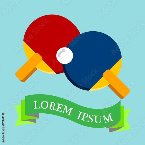 PINGPONG TABLE TENNIS
2 red and blue bats ( rackets ) with the white light ball  decorate with long label there is space to put word inside.