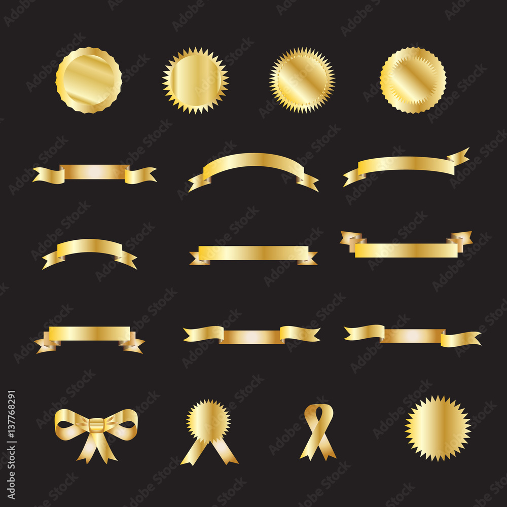 Vetor de Ribbon. Gold Ribbon label, sticker, medal and bow tie label