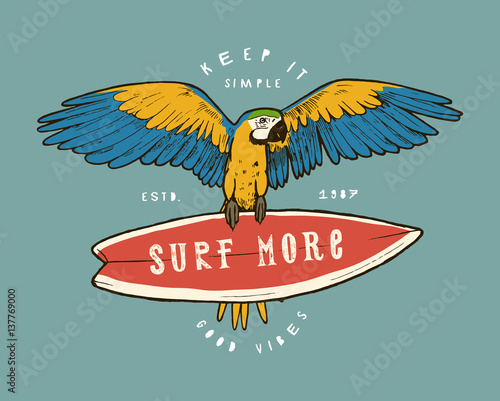 Surf more - vintage colorful parrot tropical label print