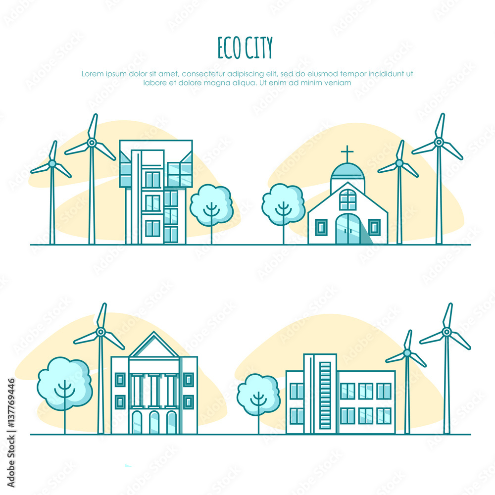 Ecology city landscapes, eco urban houses. Alternative energy