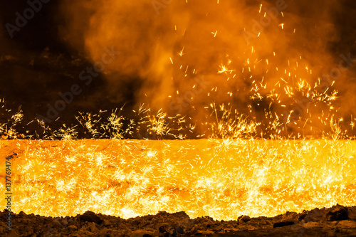 iron stream and sparks at a metallurgical plant