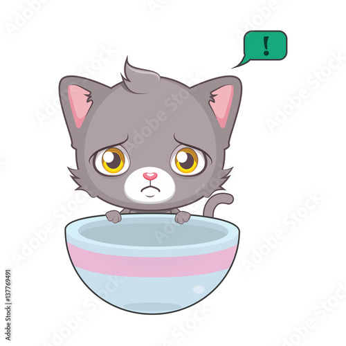 Cute gray cat character being hungry ( use for stickers, fun scenes, decoration etc. )