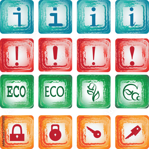 Icons set. Symbols. Media icons. Grunge. Set of square icons in a grunge style buttons. Vector Image.
