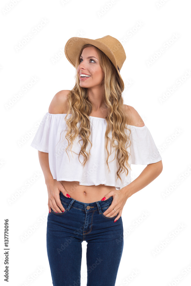 Ecstatic Woman In Summer Straw Hat Loking Up Ecstatic Woman In Summer Straw Hat Loking Up