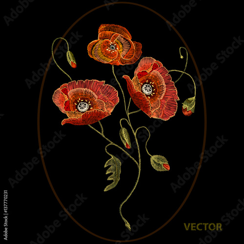 Embroidery poppy flowers, beautiful poppy decorative floral embroidery, black background